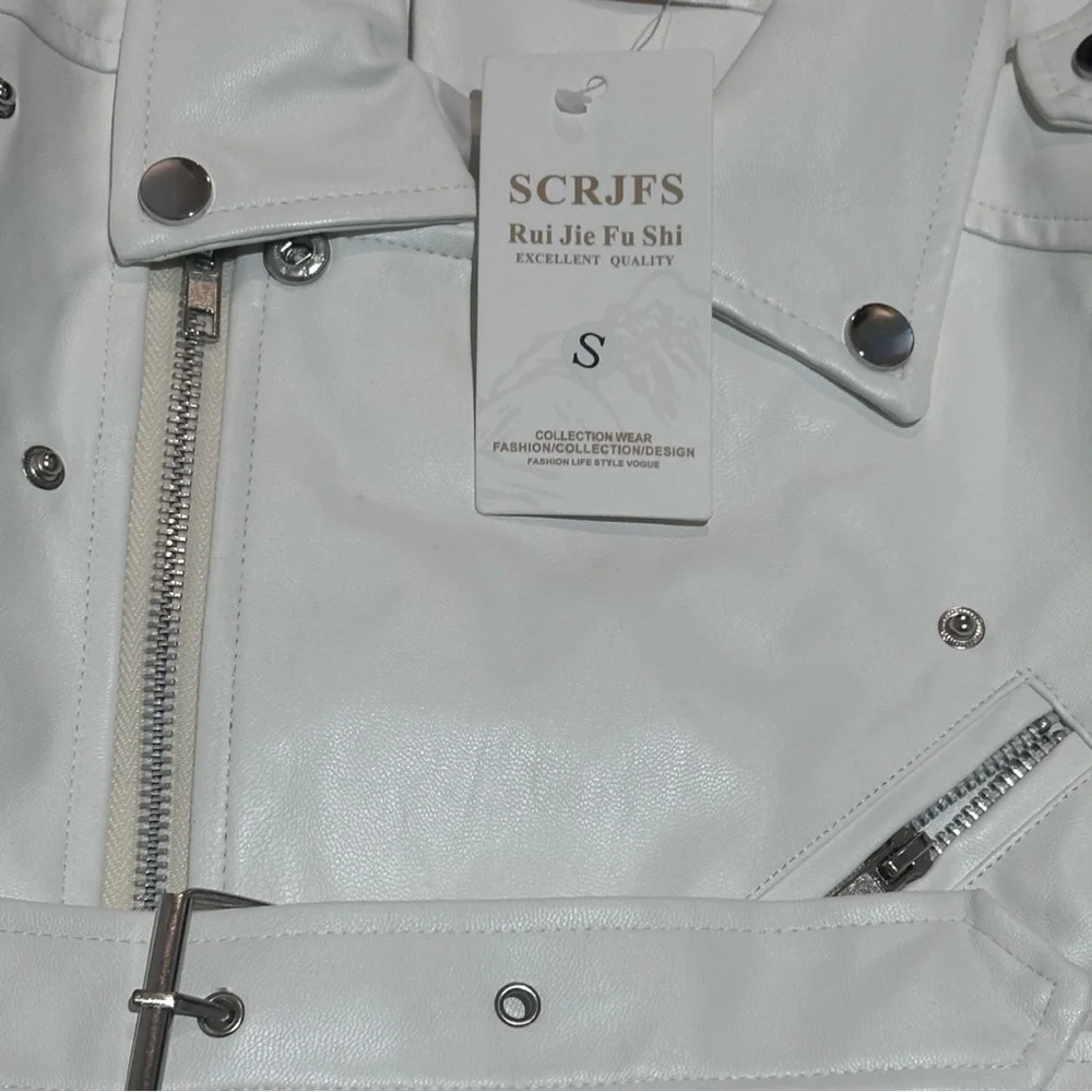 White PU Leather Short Jacket with Belt - Picture 5 of 6